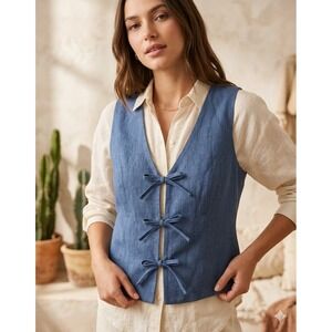 NEW Benoa Linen Blend Sleeveless Tie Front Gilet Vest Navy Blue Women's Size M/L